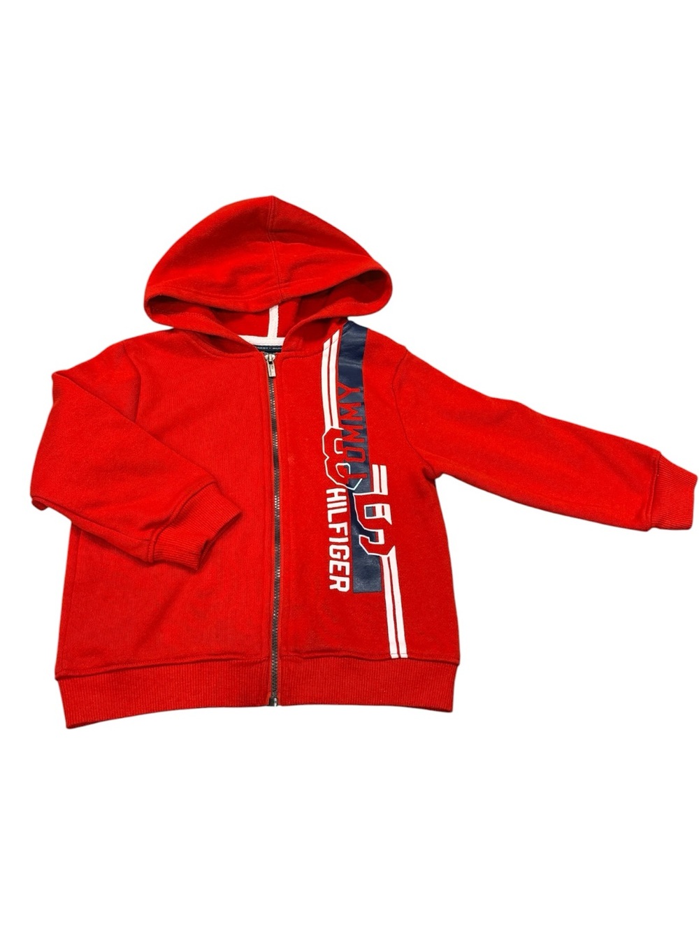 Tommy Hilfiger Boys Full Zip Hoodie Sweatshirt Red Logo Stripe Fleece Size 24M